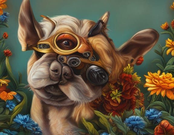 Steampunk Blue Bulldog in Floral Engine Garden