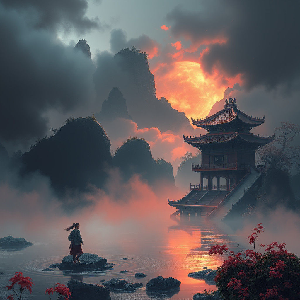 Chinese Misty Lake: Detailed Matte Painting