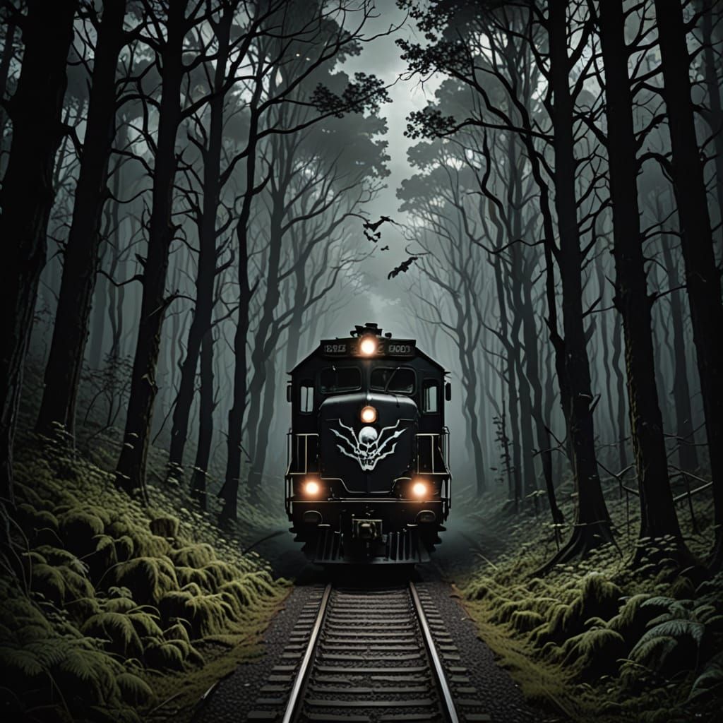Ethereal Ghost Train Haunts Dark Forest in Sinister Ambiance
