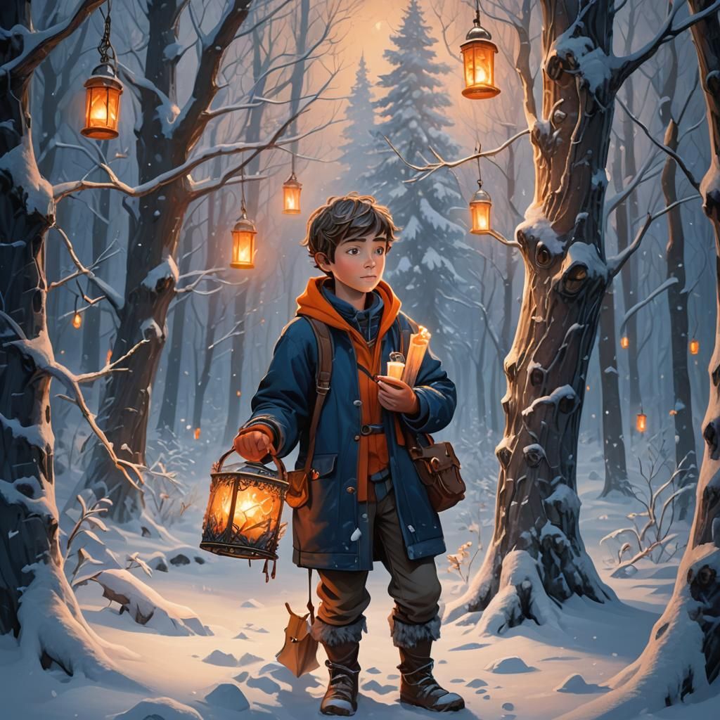 Boy with Candle in Snowy Forest, Fantasy Art