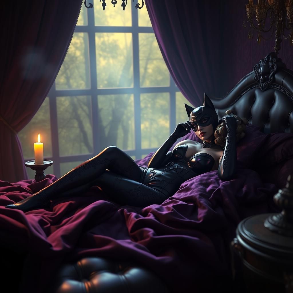 Catwoman stretched out on a bed waiting for batman to enter a masterpiece, 8k resolution, dark fantasy concept art, by G...