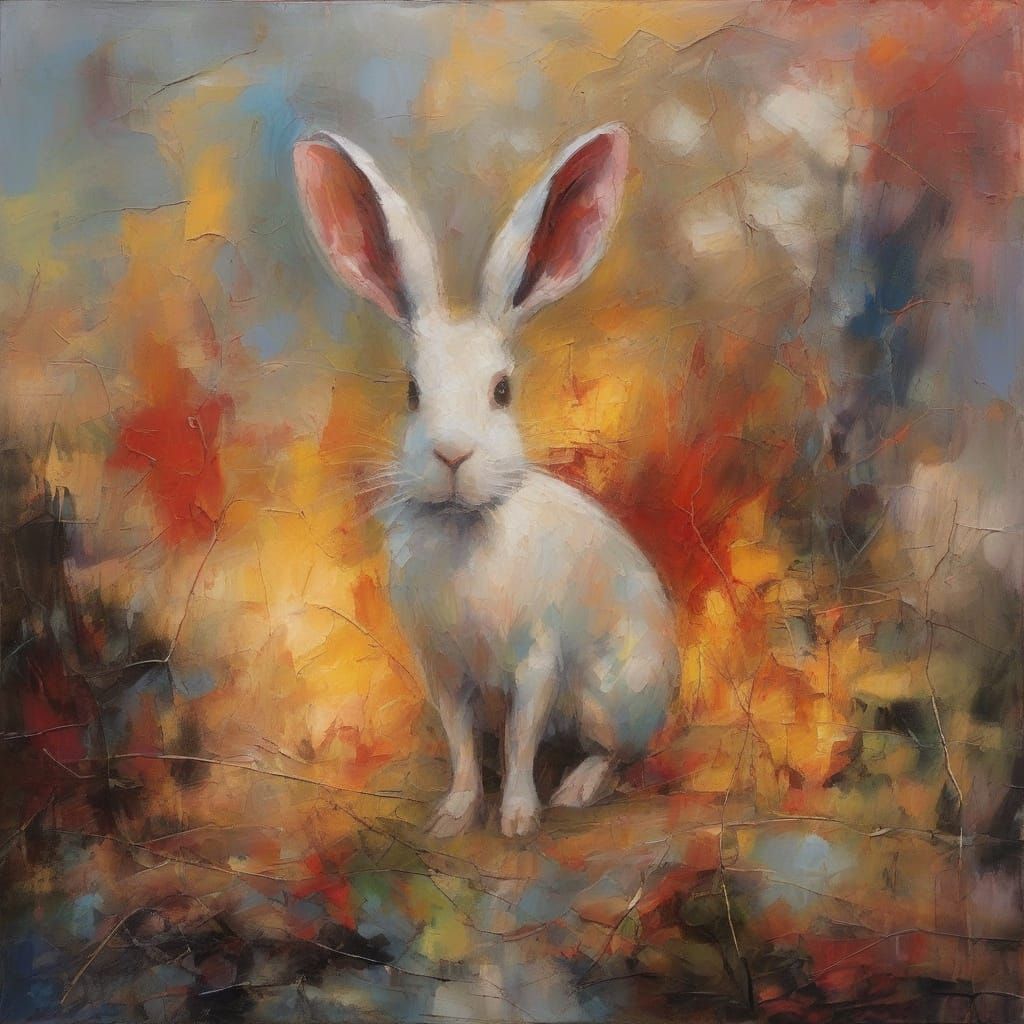 Surreal Burning Rabbit in Desolate Landscape Oil Painting