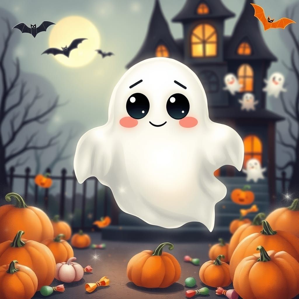 Adorable Chibi Ghost in Whimsical Halloween Scene