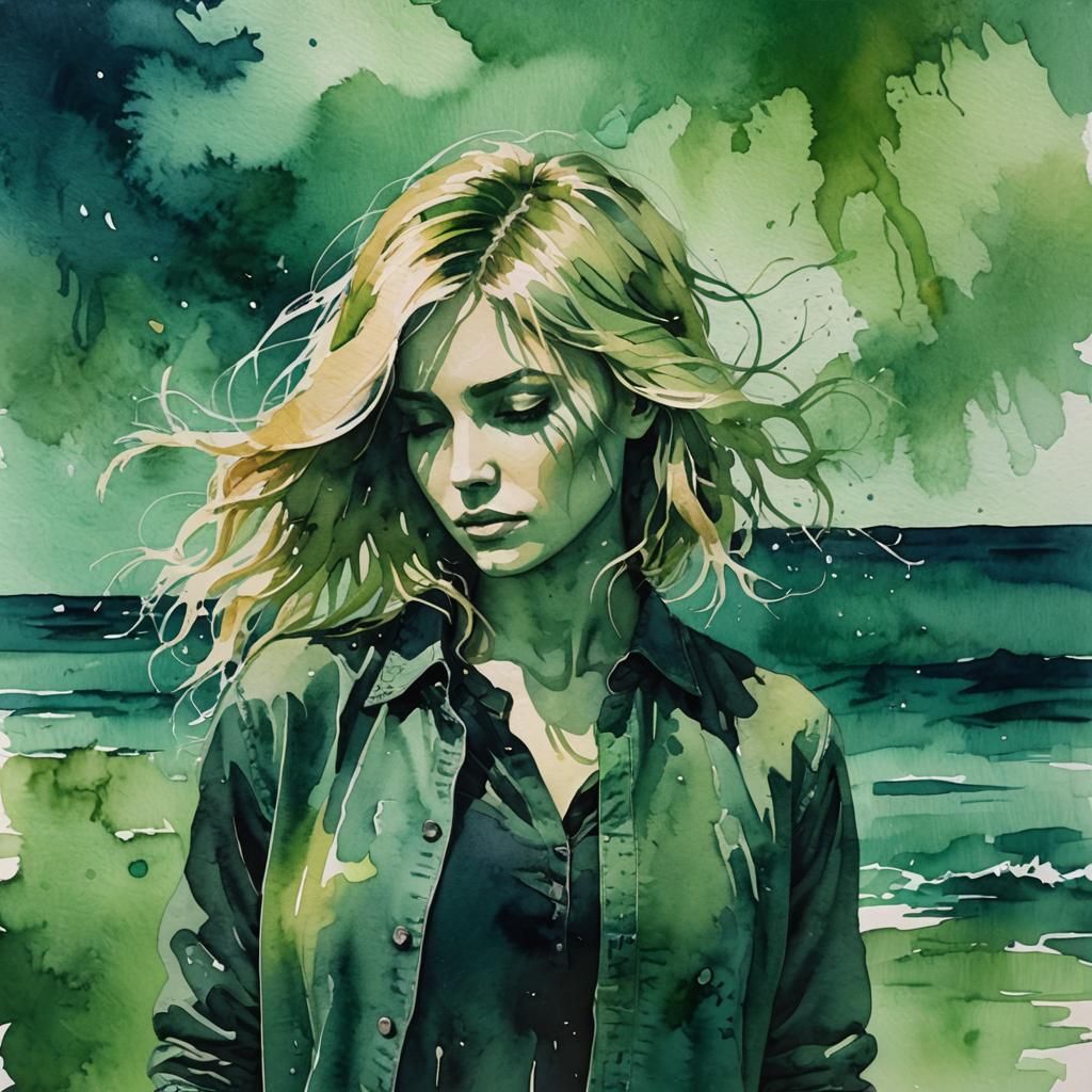 Green Silhouette: Woman Cutting Hair on Shipwreck Beach