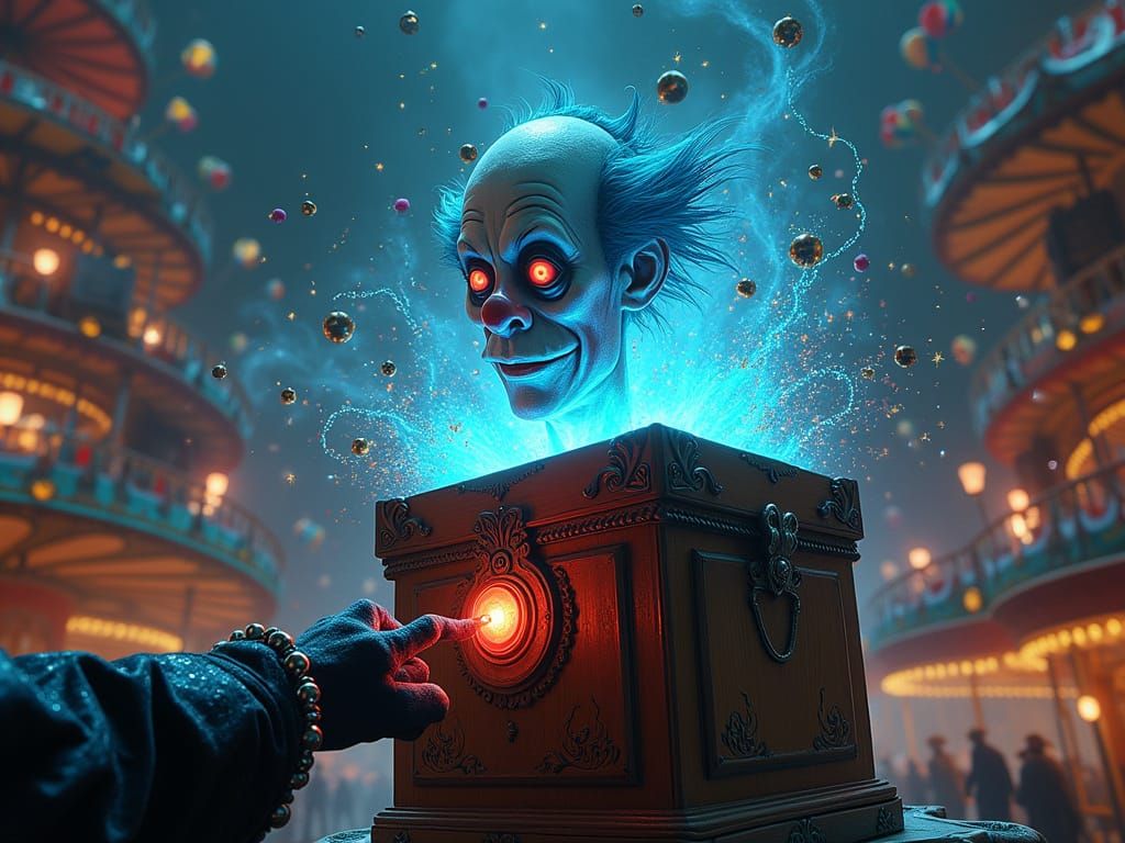 Ethereal Carnival Clown Emerges from Jack-in-the-Box in Cybe...