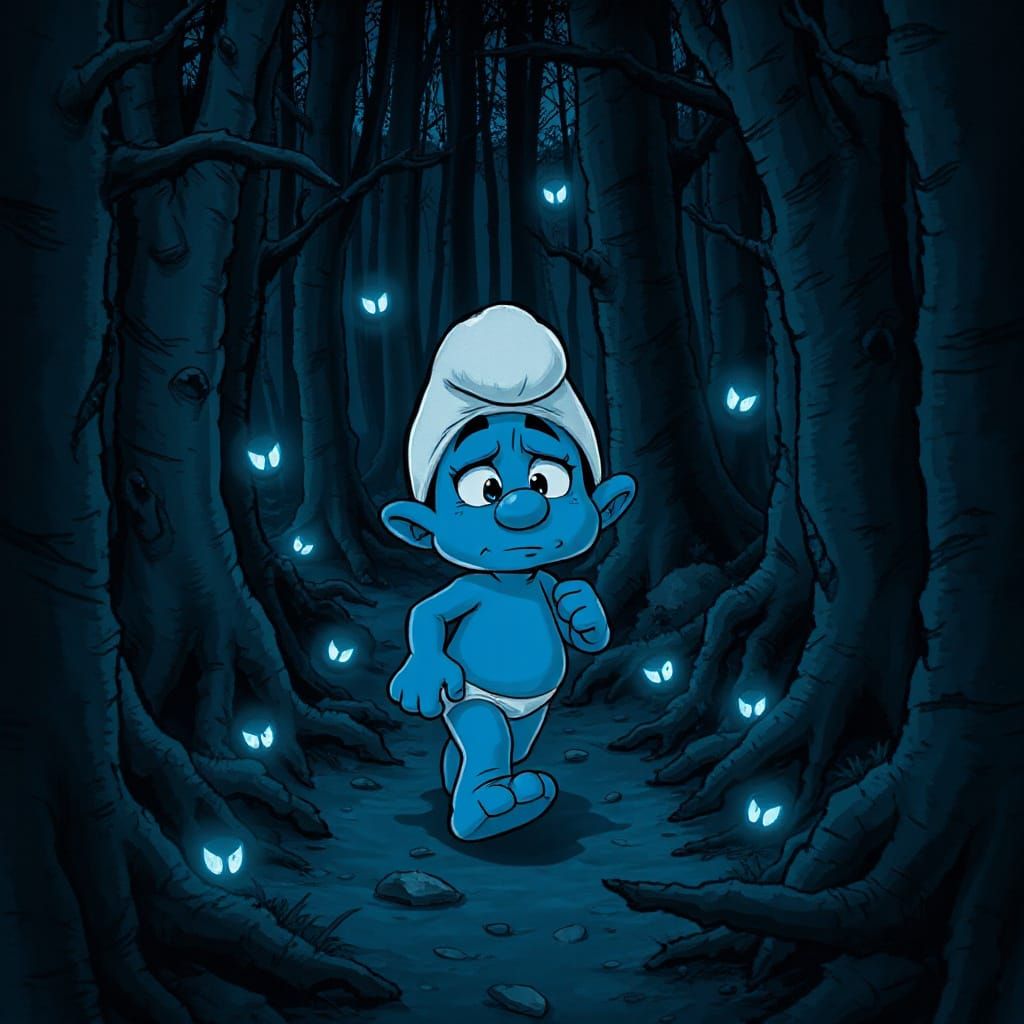 Worried Blue Smurf in Monochrome Forest