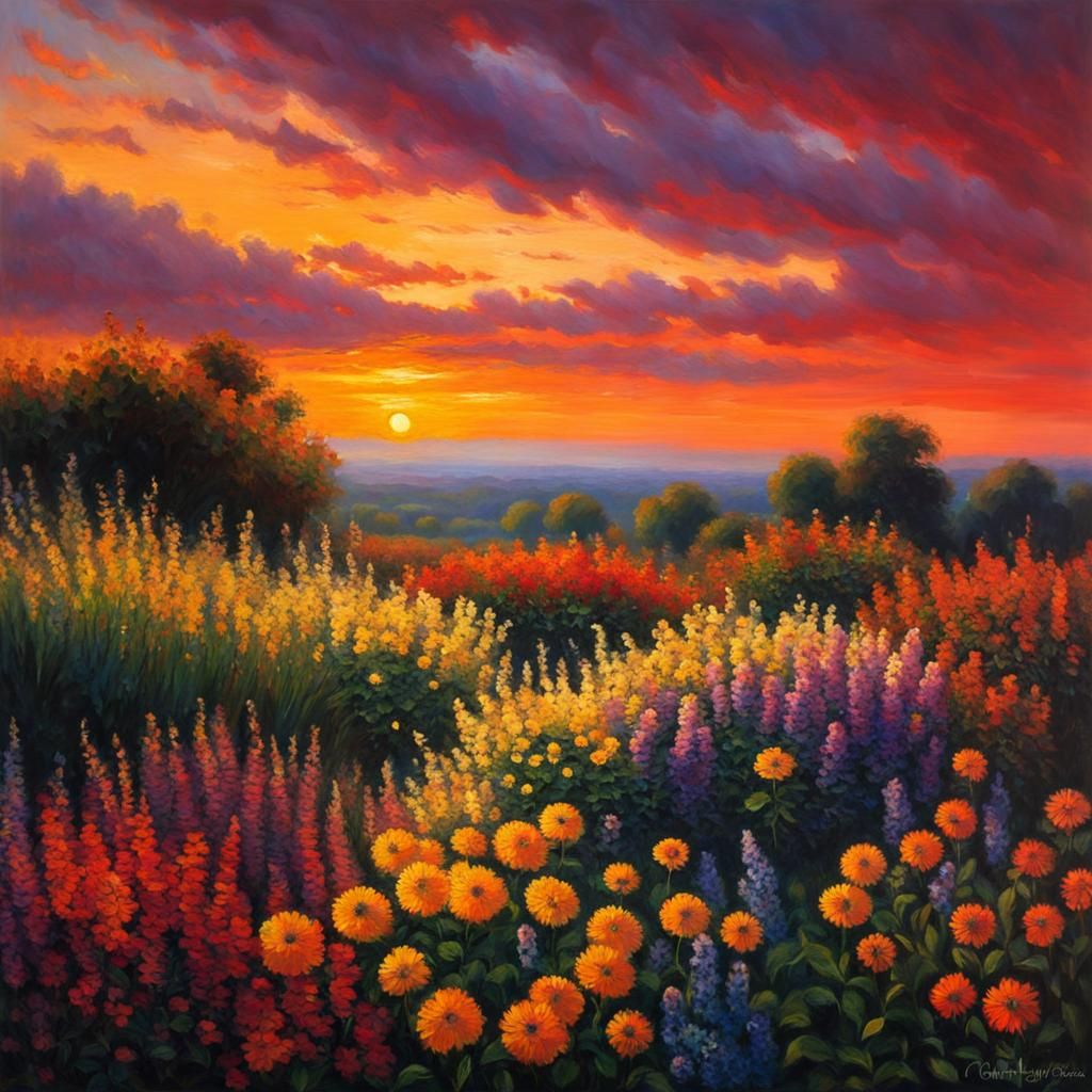 Floral Sunset in Impressionistic Monet Style