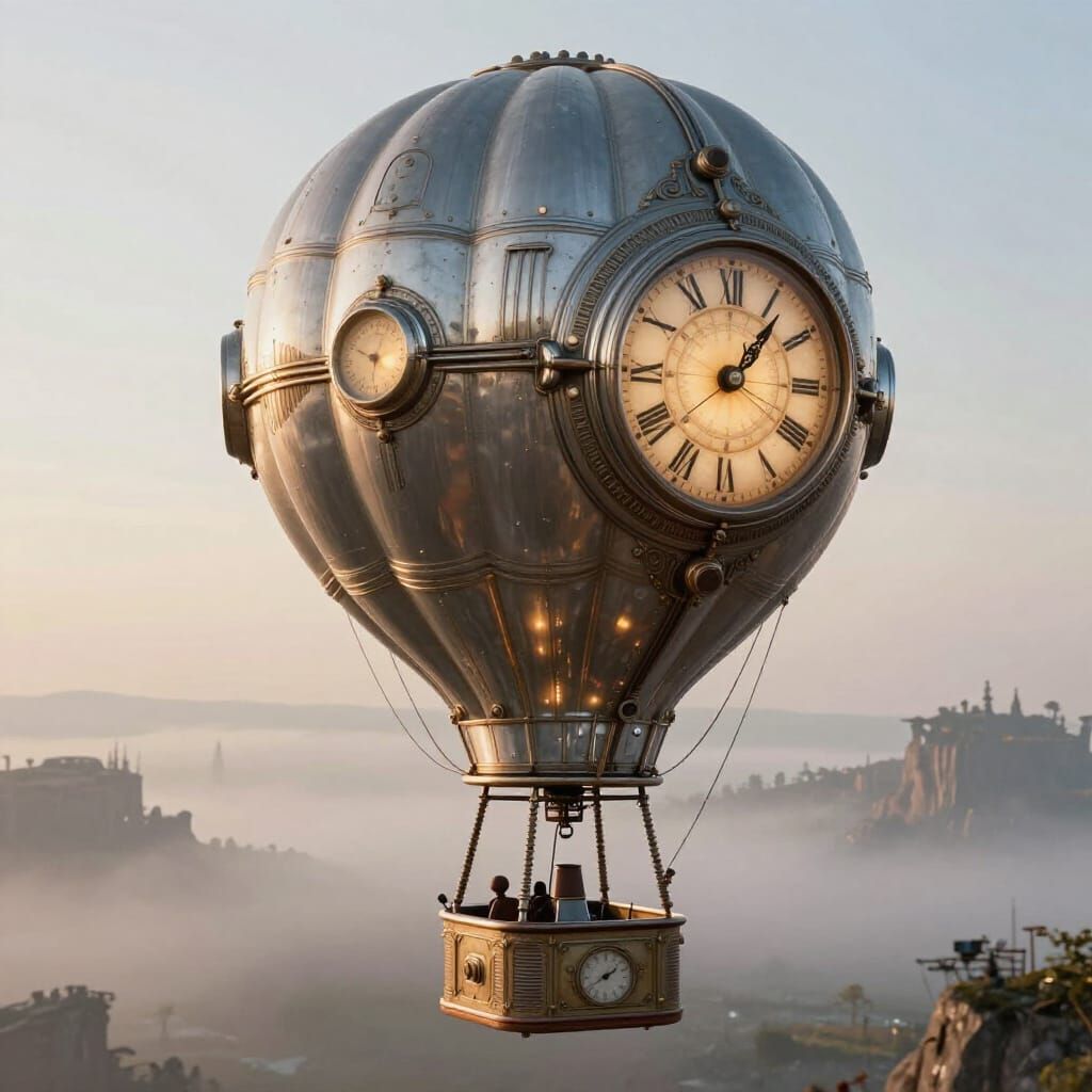 Vintage Hot Air Balloon Time Machine Over Alien Landscape