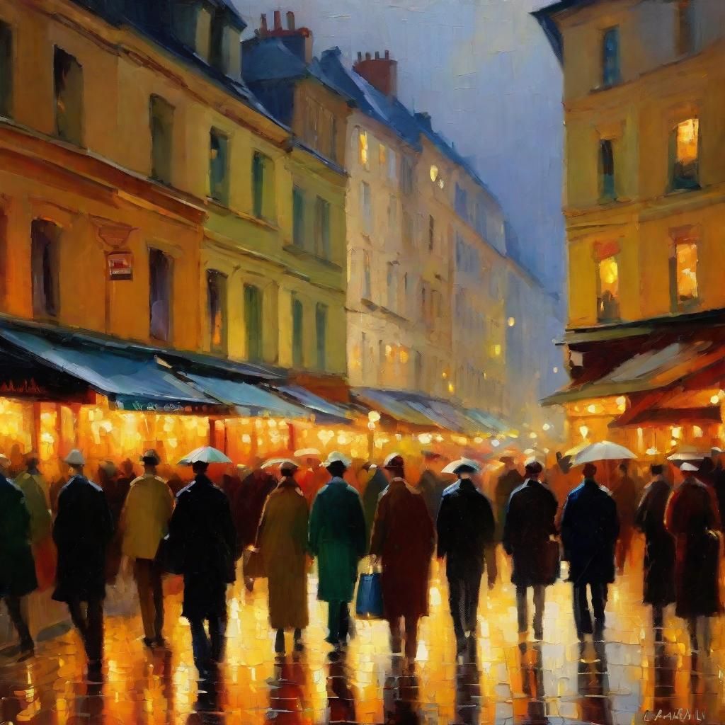 Night Street Scene in Impressionist Style