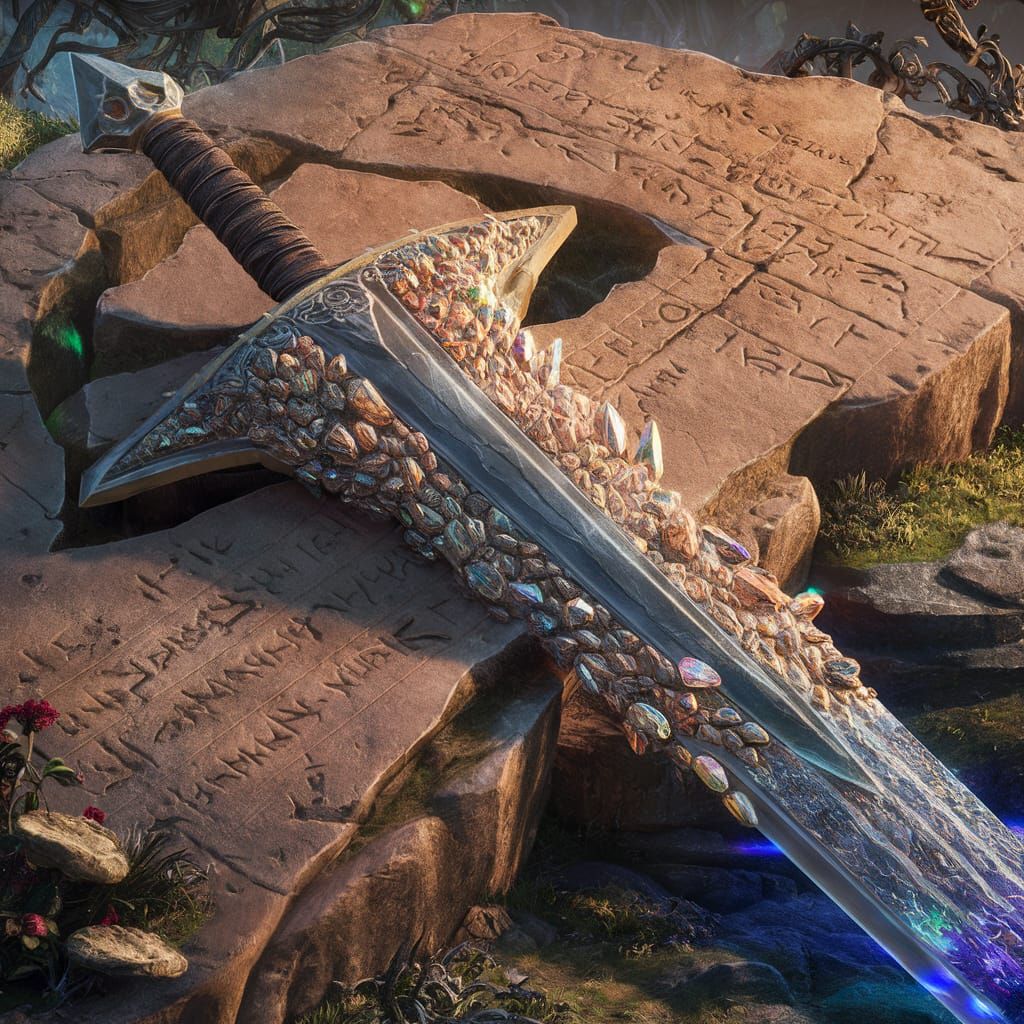 Heavy sword made of crystals, stuck in large stone, fantasy,...