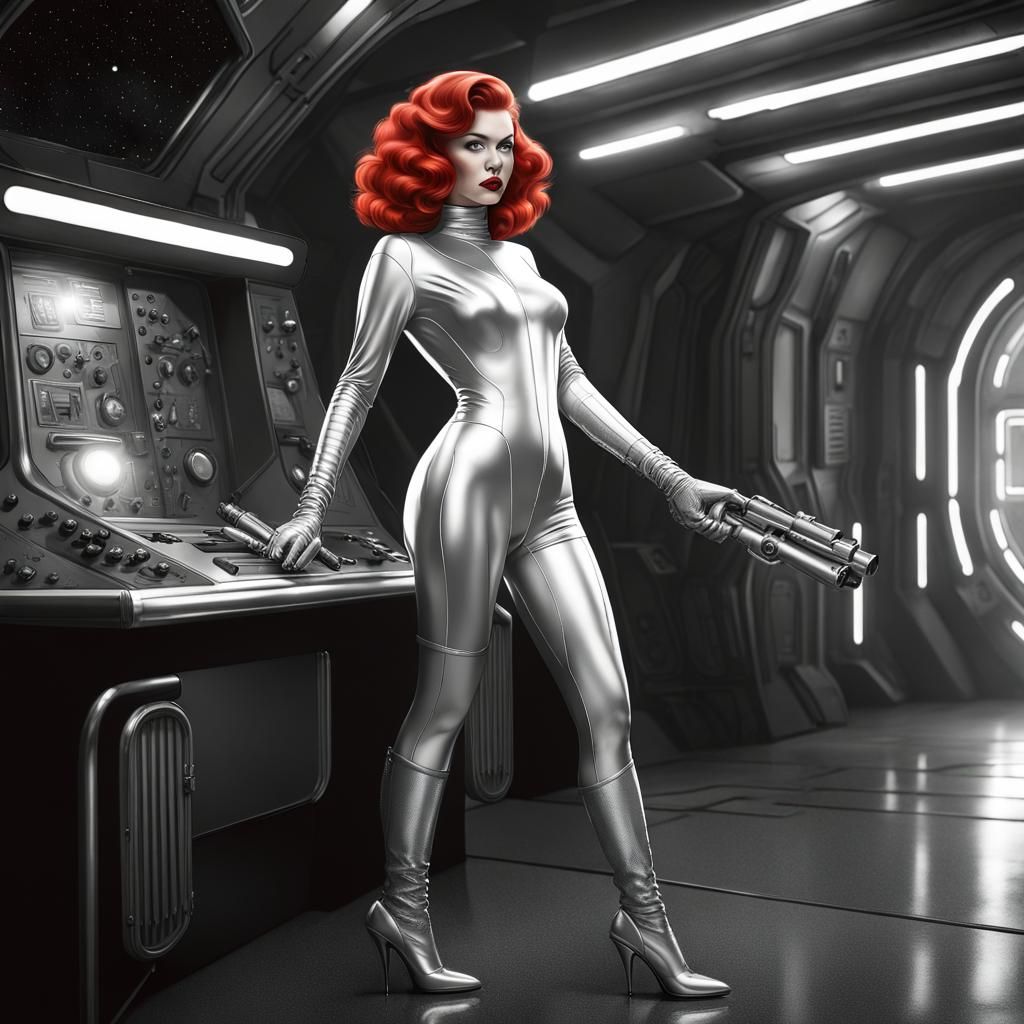Retro Sci-Fi Redhead with Ray Gun in Silver Bodysuit