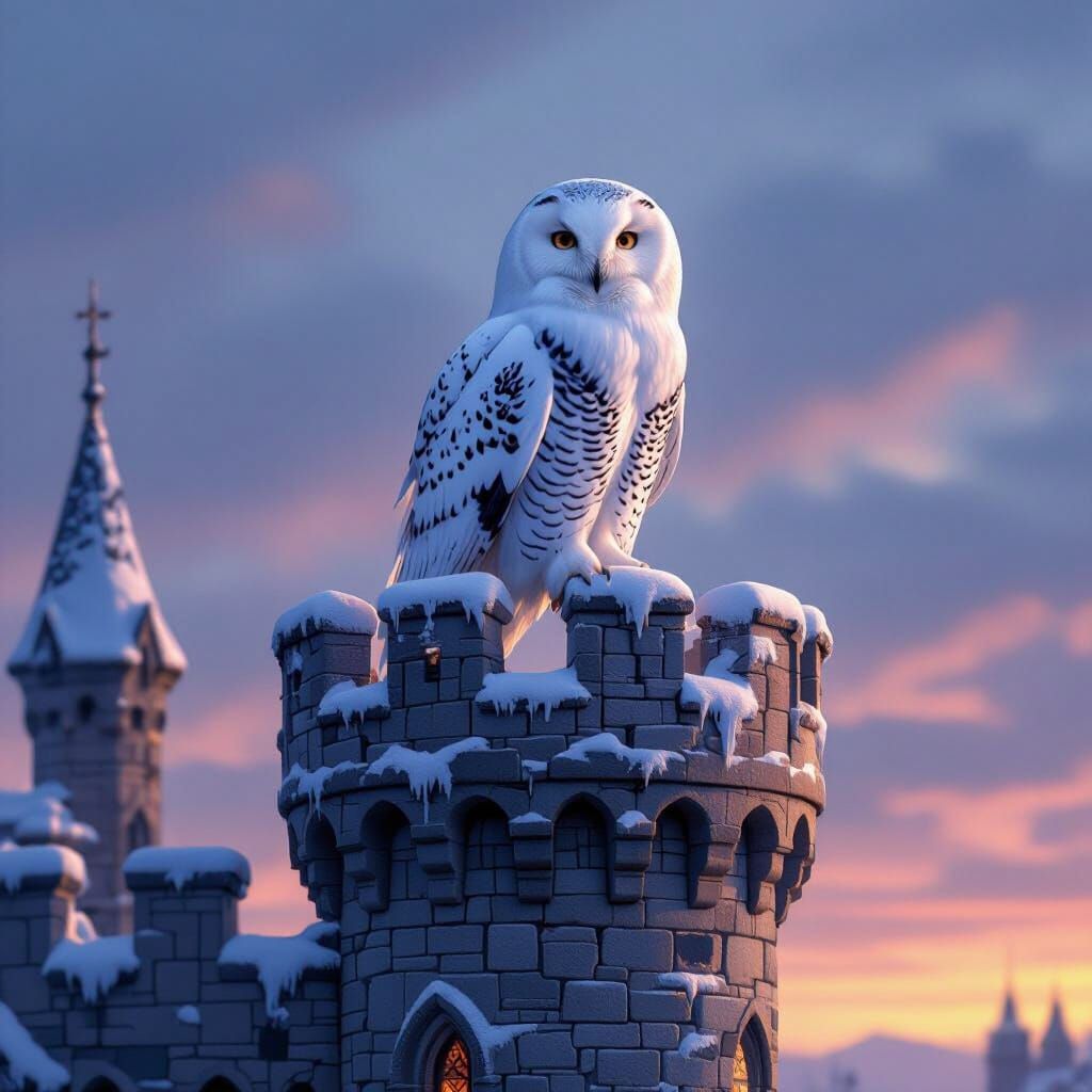 Snowy Owl Perched Atop Castle Turret