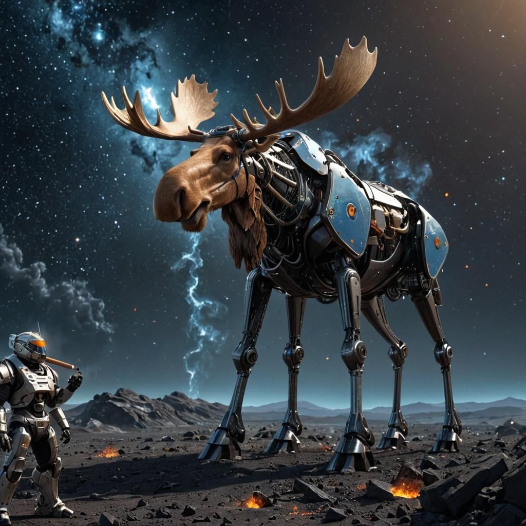 Moose Battle Robot Smoking Cigar in Space