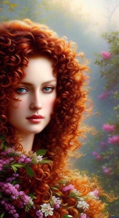 Red-Haired Goddess with Cherry Blossoms, Hyperrealistic Port...