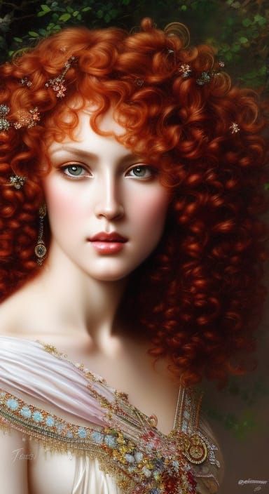 Red-Haired Goddess with Cherry Blossoms, Hyperrealistic Art