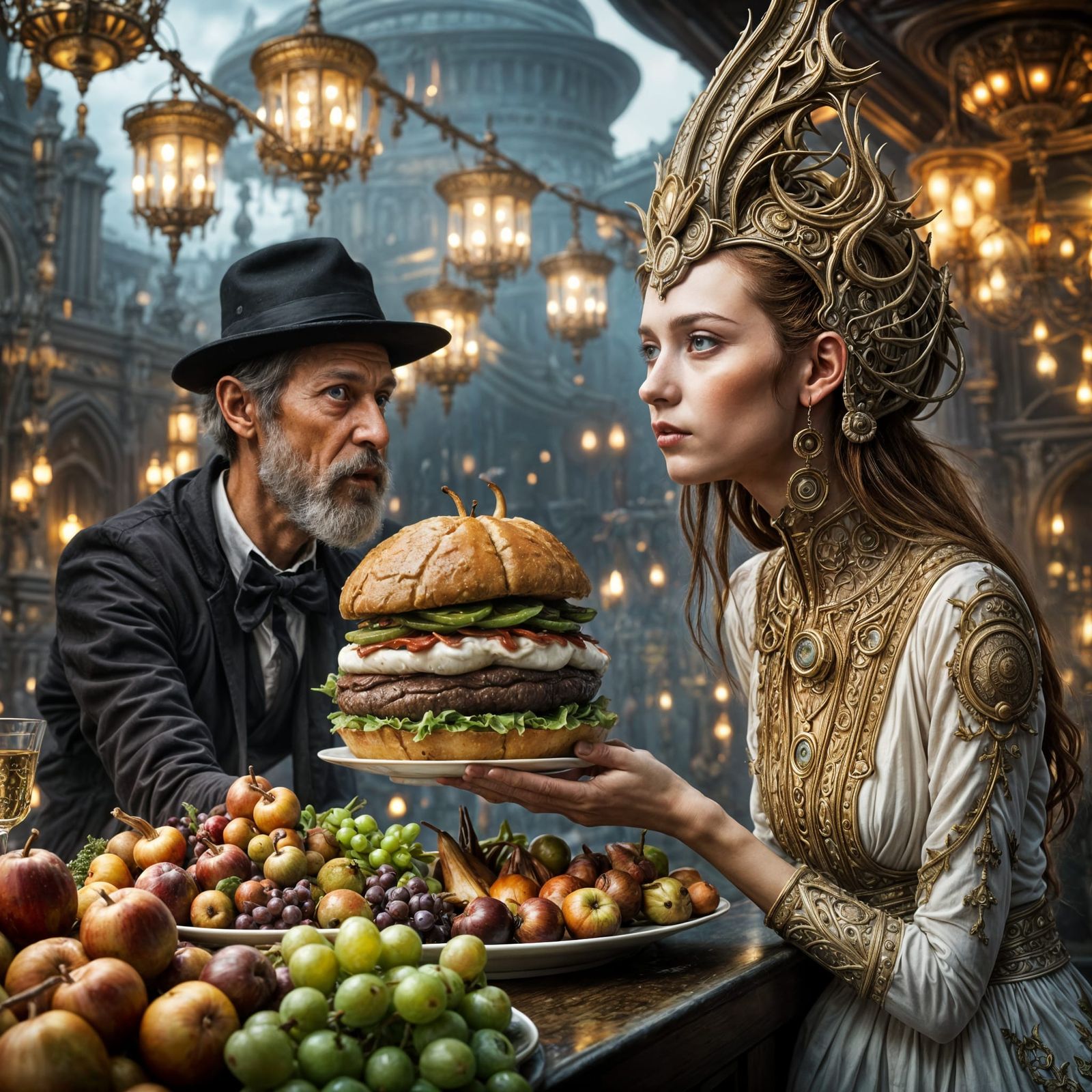 Dreamlike Alien Feast: Bizarre Art in Hyperrealistic Style