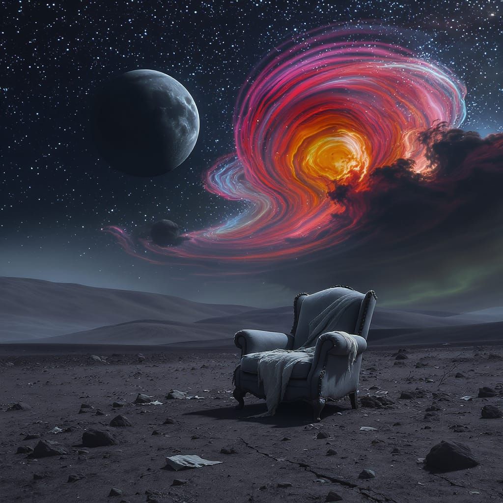 Weathered Armchair on Alien Planet With Two Moons