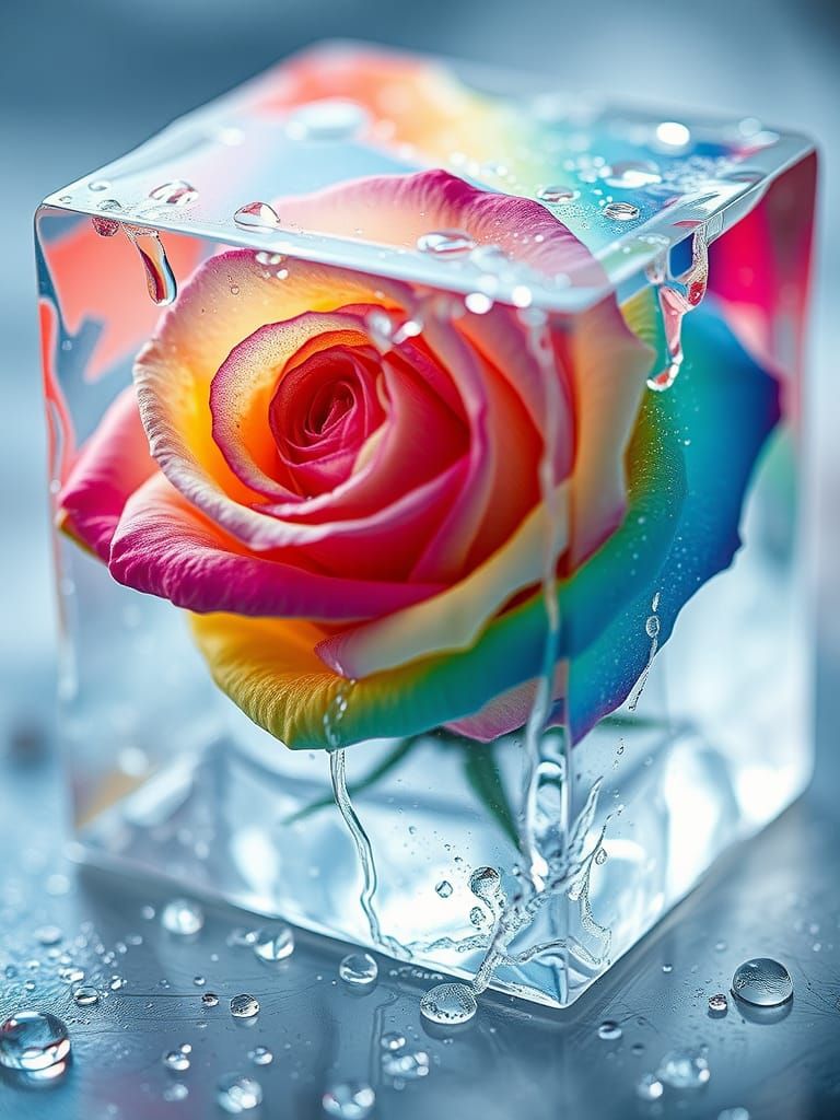 Rainbow Rose Encased in Ice, Digital Art