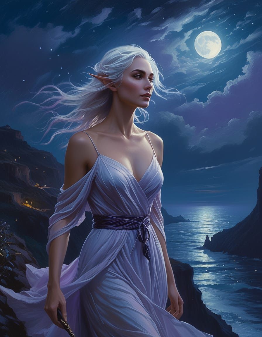 Elf Sorceress on Cliff at Night, Impressionist Style
