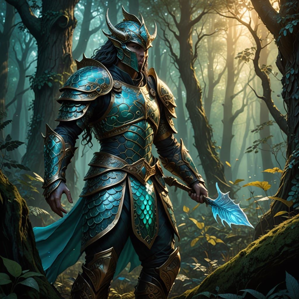 High-Fantasy Warrior in Ancient Forest