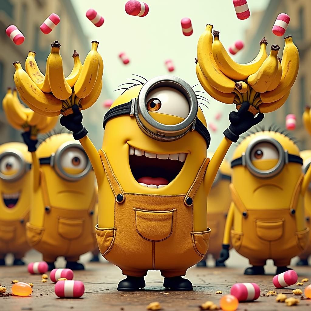 Minions Feast on Bananas in Cartoon Saloon Style