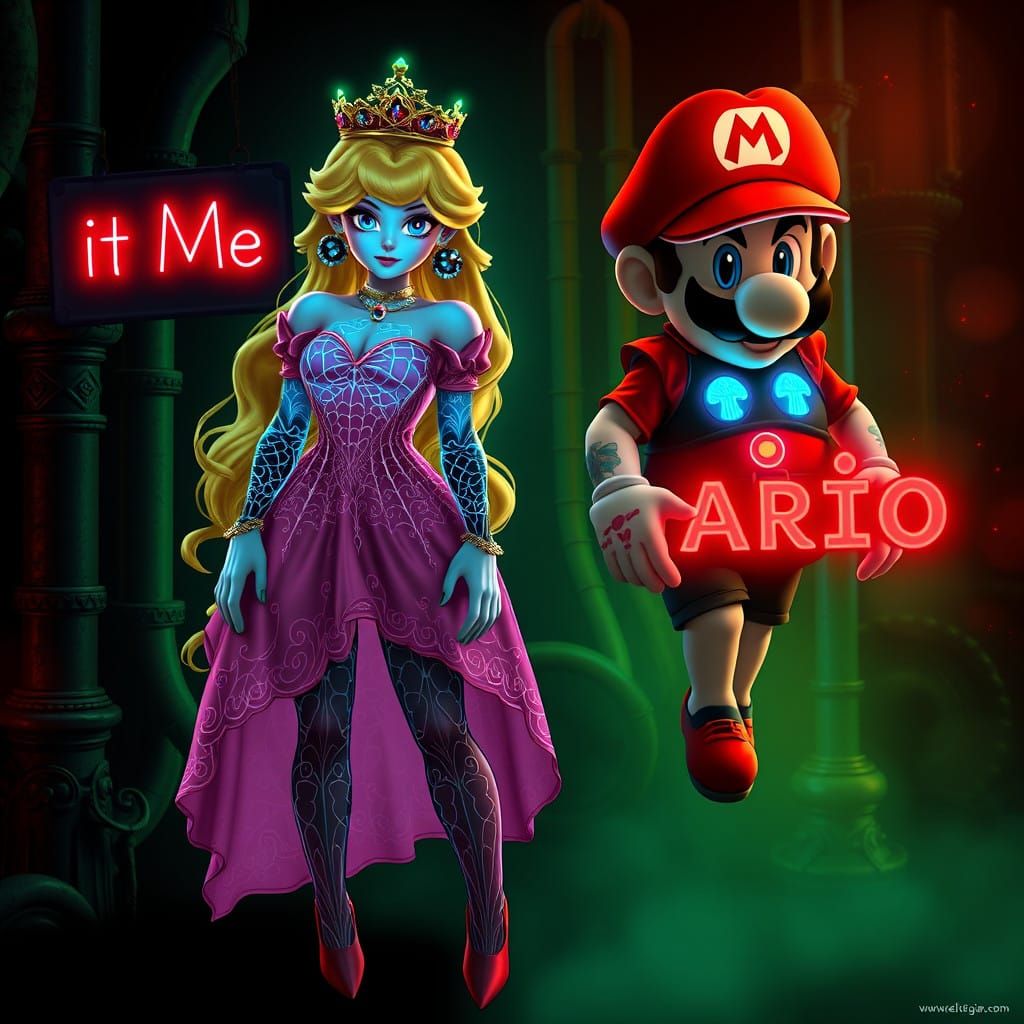 Goth Princess Peach in a Cyberpunk Aesthetic