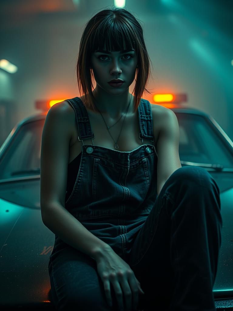 Rugged Woman in Misty Garage with Theatrical Lighting