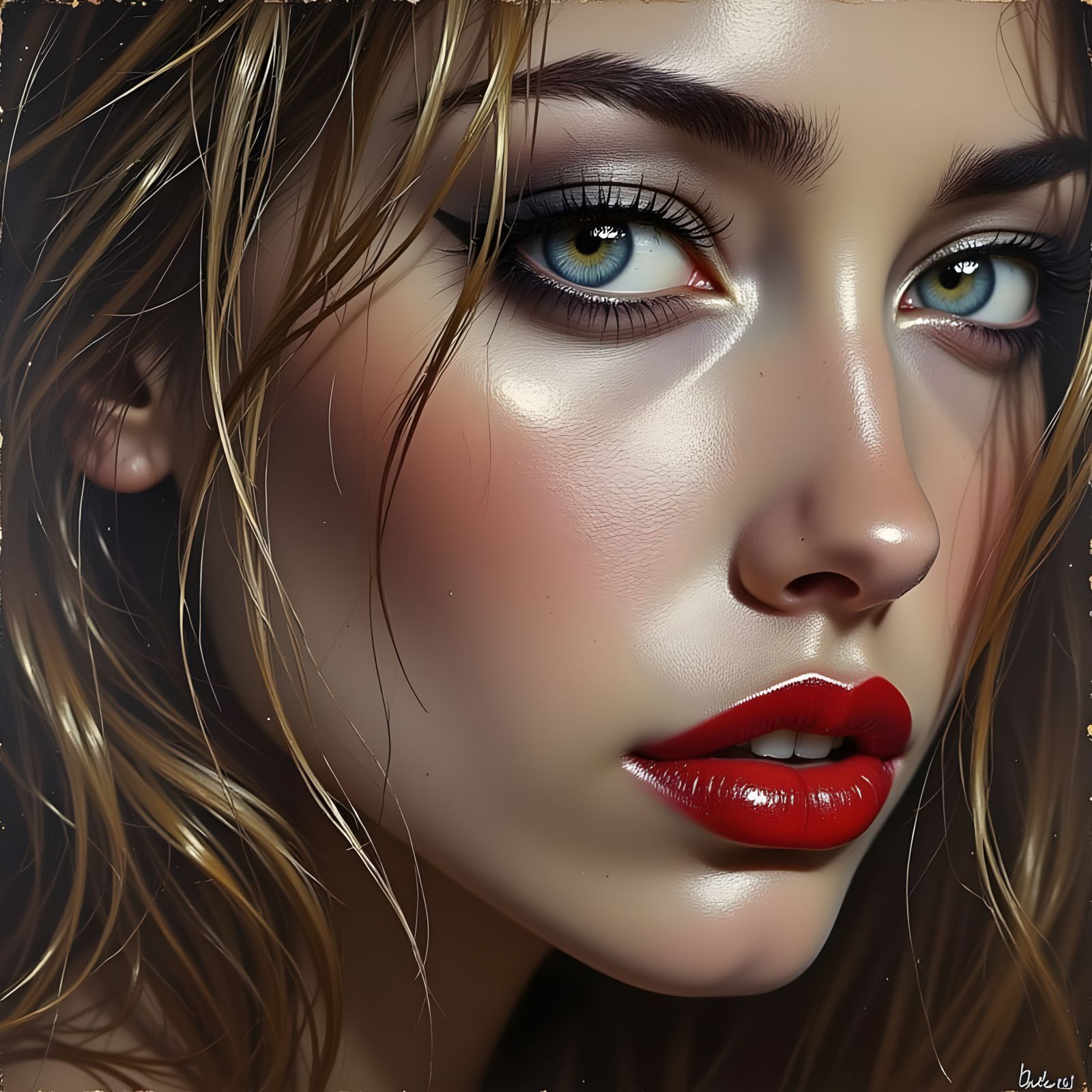 A hyper-realistic close-up portrait of a woman's face, highlighting her striking blue eye, dramatic black eyeliner, and ...