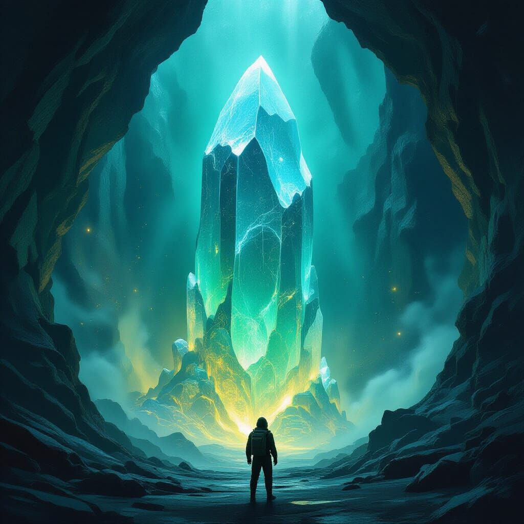 Explorer Gazes at Colossal Crystal Entity in Bioluminescent ...