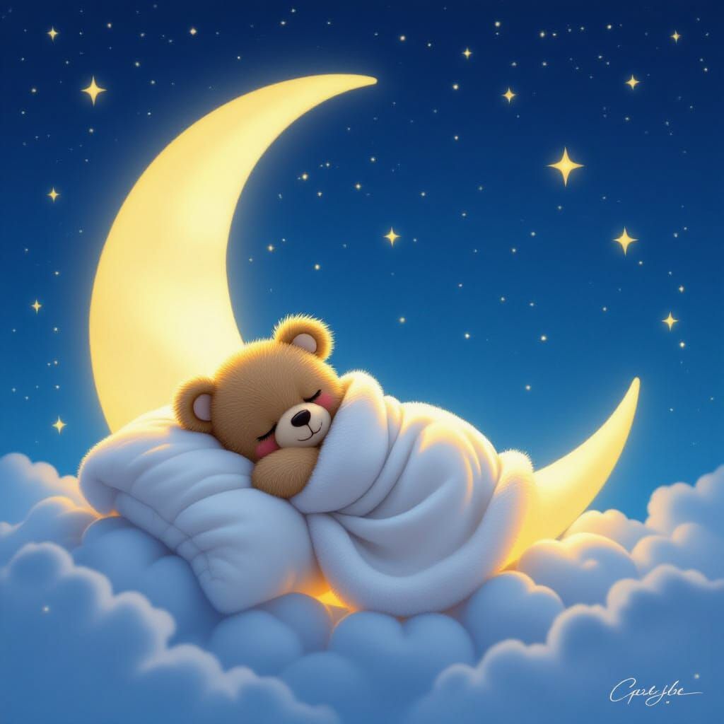 Whimsical Teddy Boy Sleeping on Moon in Starry Winter Night