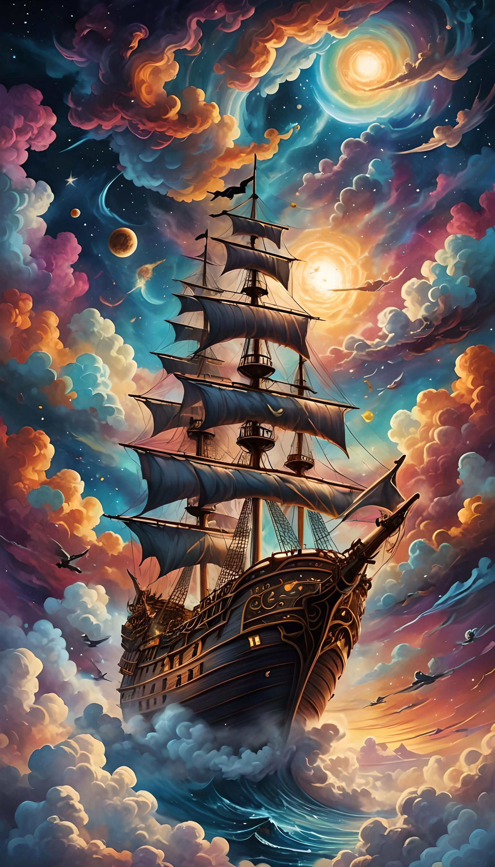 Pirate Ship Soaring Through Clouds: Cosmic Illustration