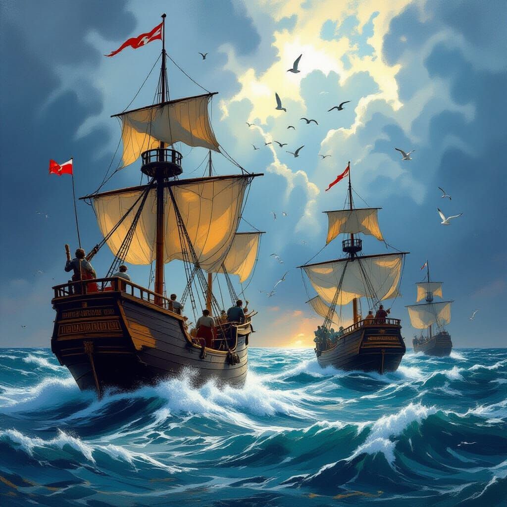 Sailors Battle Stormy Seas on Wooden Ships