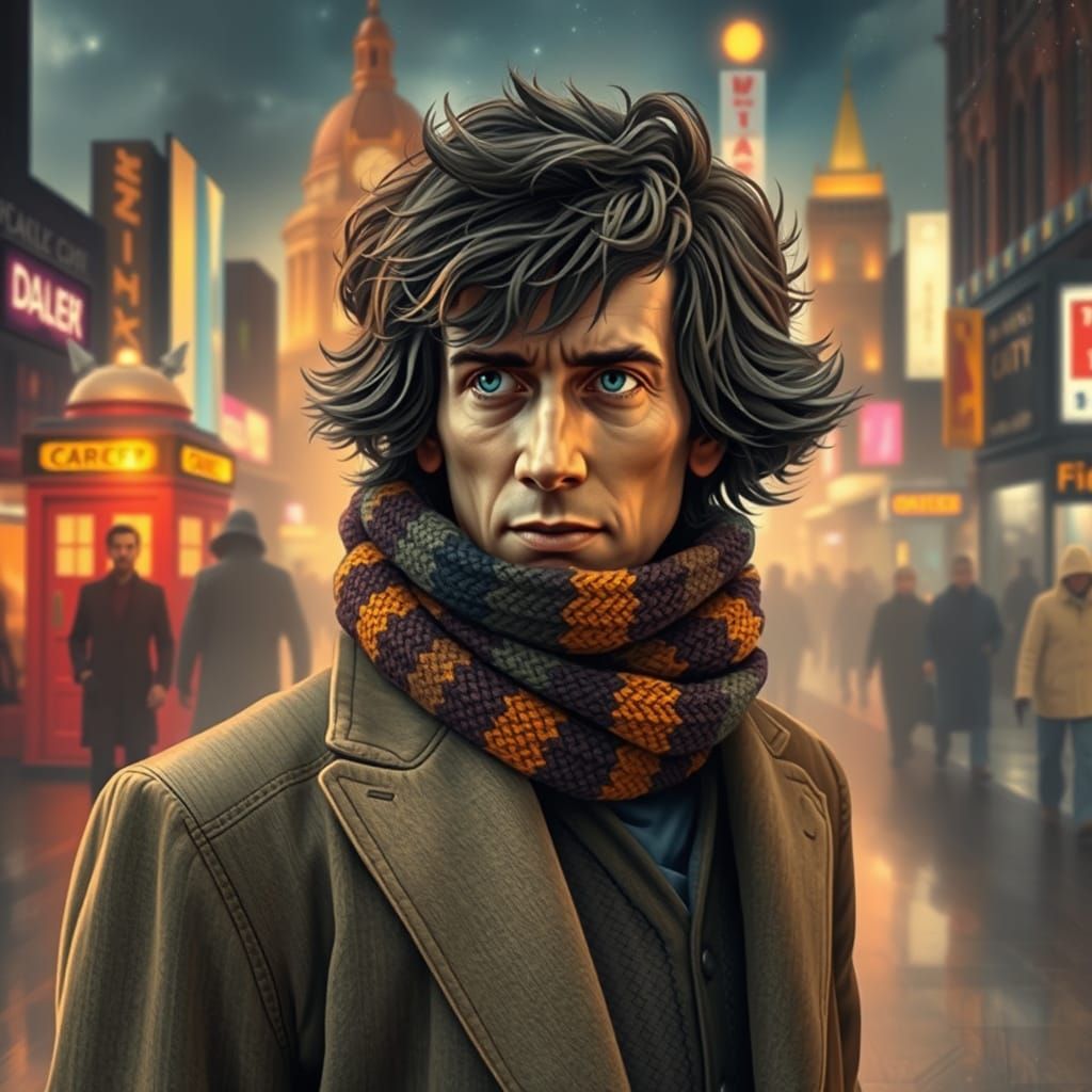 Lonely Wanderer in Futuristic City, Mixed Media Art