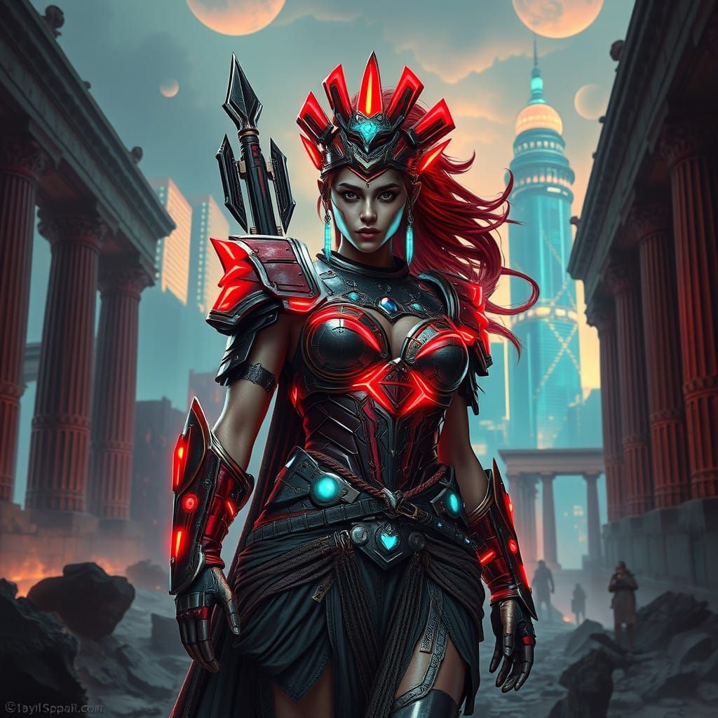 Cyberpunk Goddess in Neon-Lit Dystopia Inspired by Ancient G...