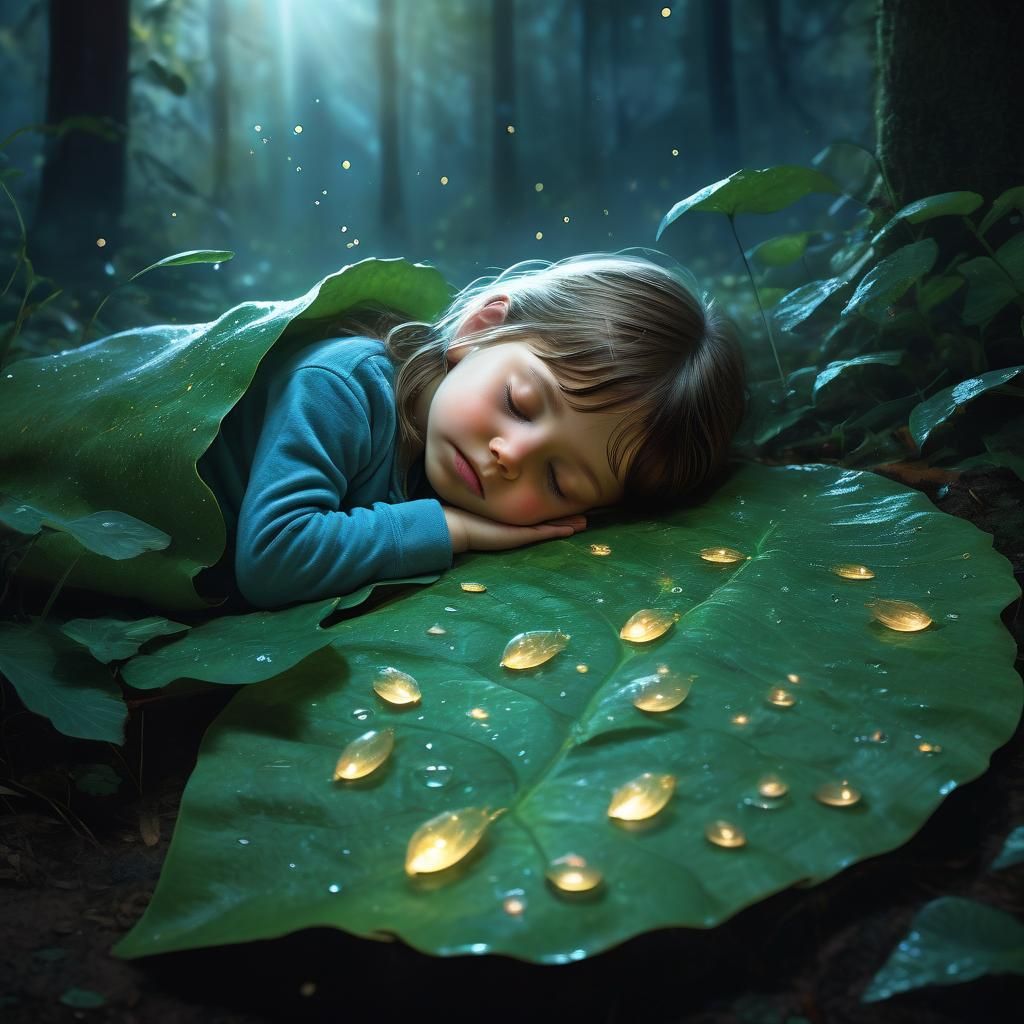Child Sleeping on Leaf in Magical Forest