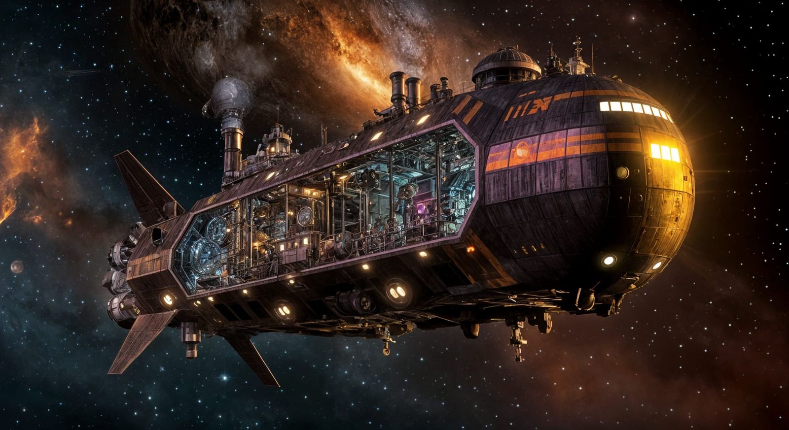 enormous cargo spacecraft, windows and led lights, FedEX becomes SolEx with the same color scheme, stars and planets in ...