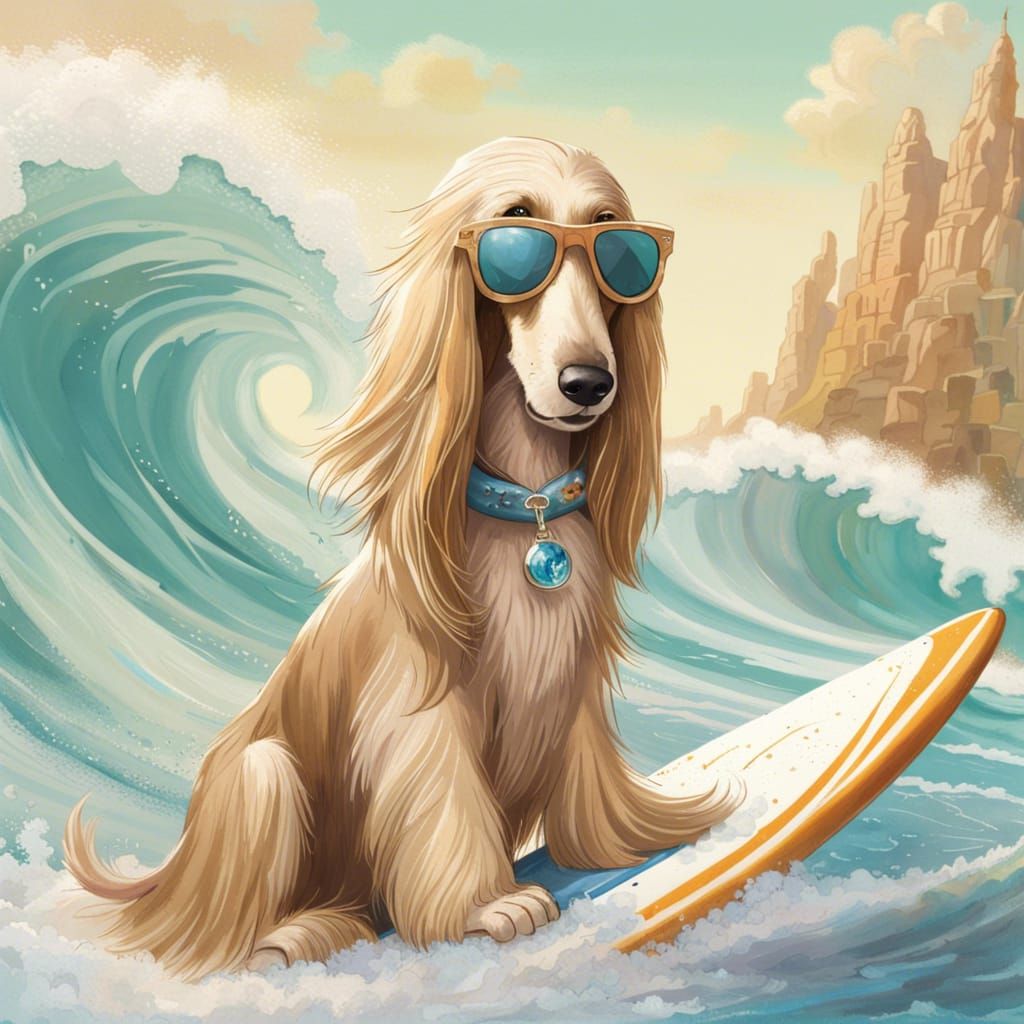 Afghan Hound Hitting the Waves