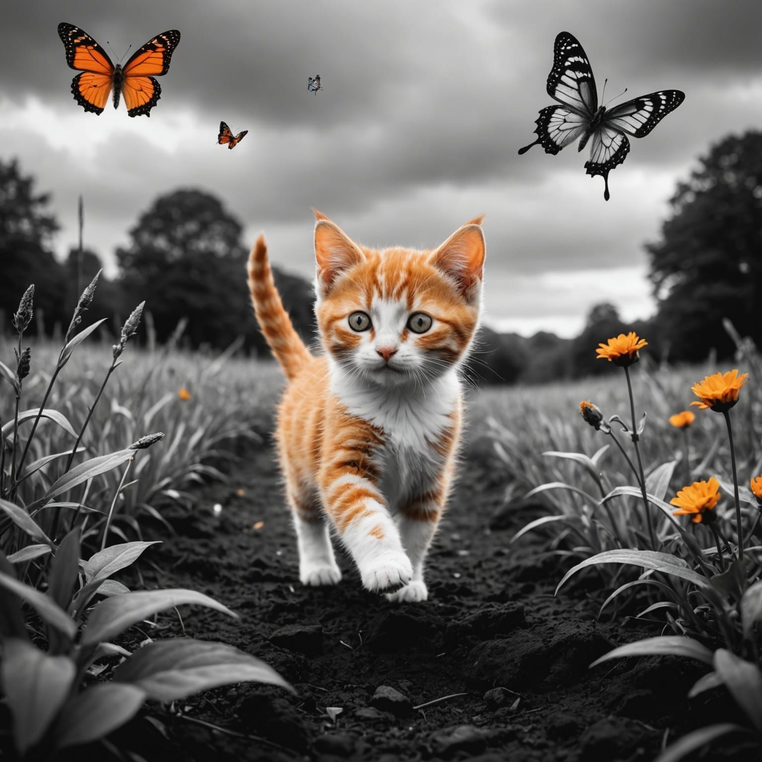 Ginger Kitten and Butterfly in Bleak Landscape