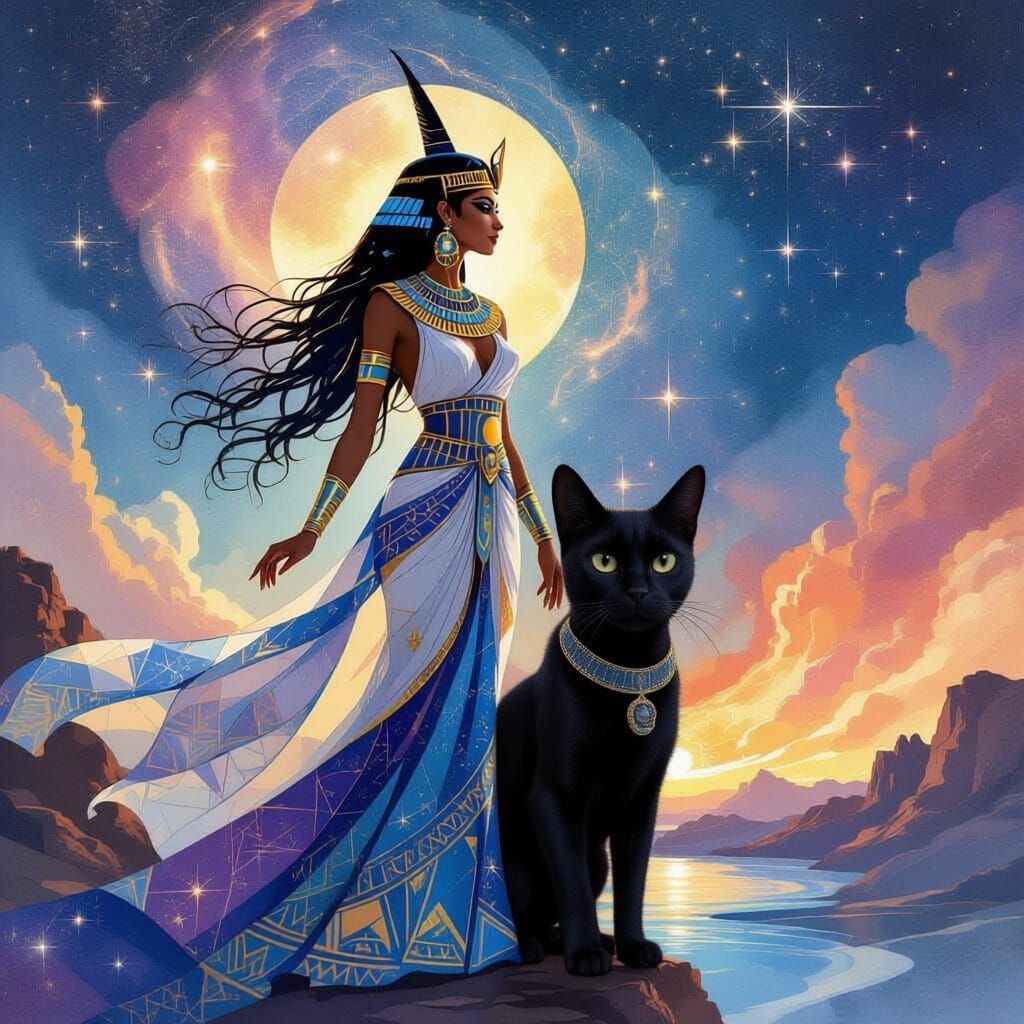 Majestic Egyptian Goddess in Cosmic Nebula