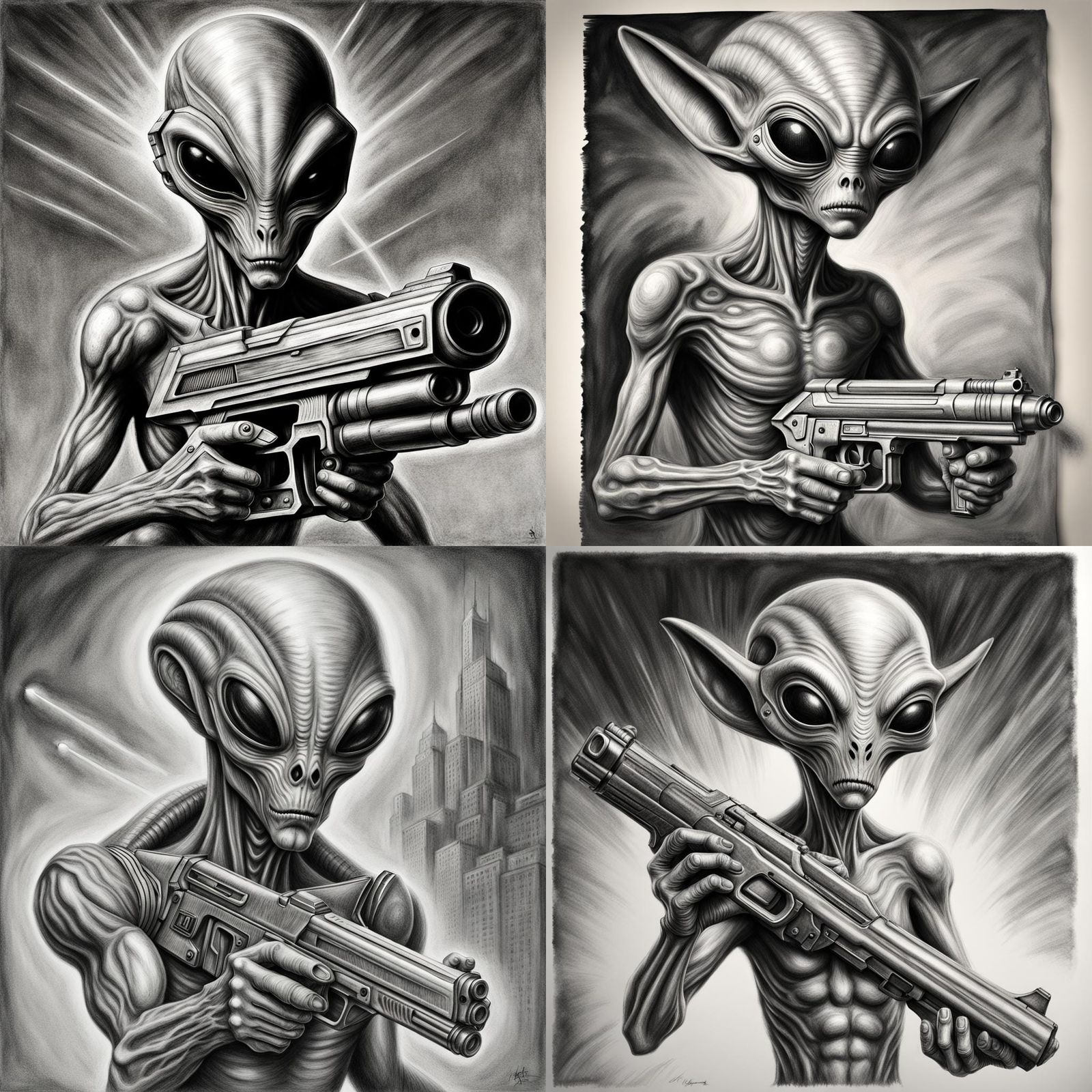 Hyperdetailed Charcoal Drawing of a Gray Alien