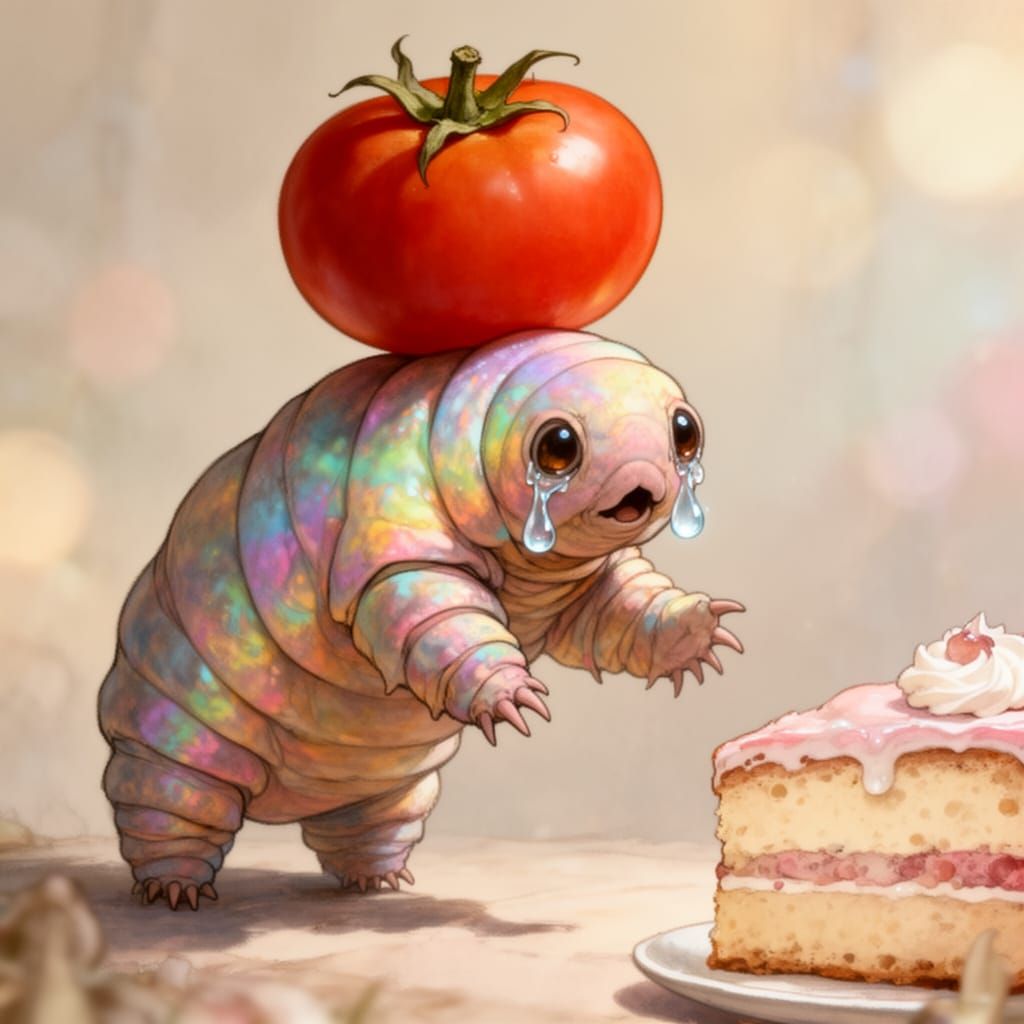 Rainbow Tardigrade Cries for Cake with Tomato Hat