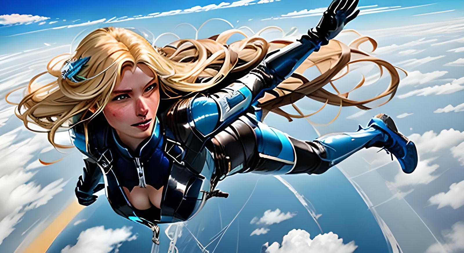 Blonde Woman Skydiving in Black Leather Suit