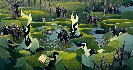 Geese Riot at Pond in Vintage Illustration Style