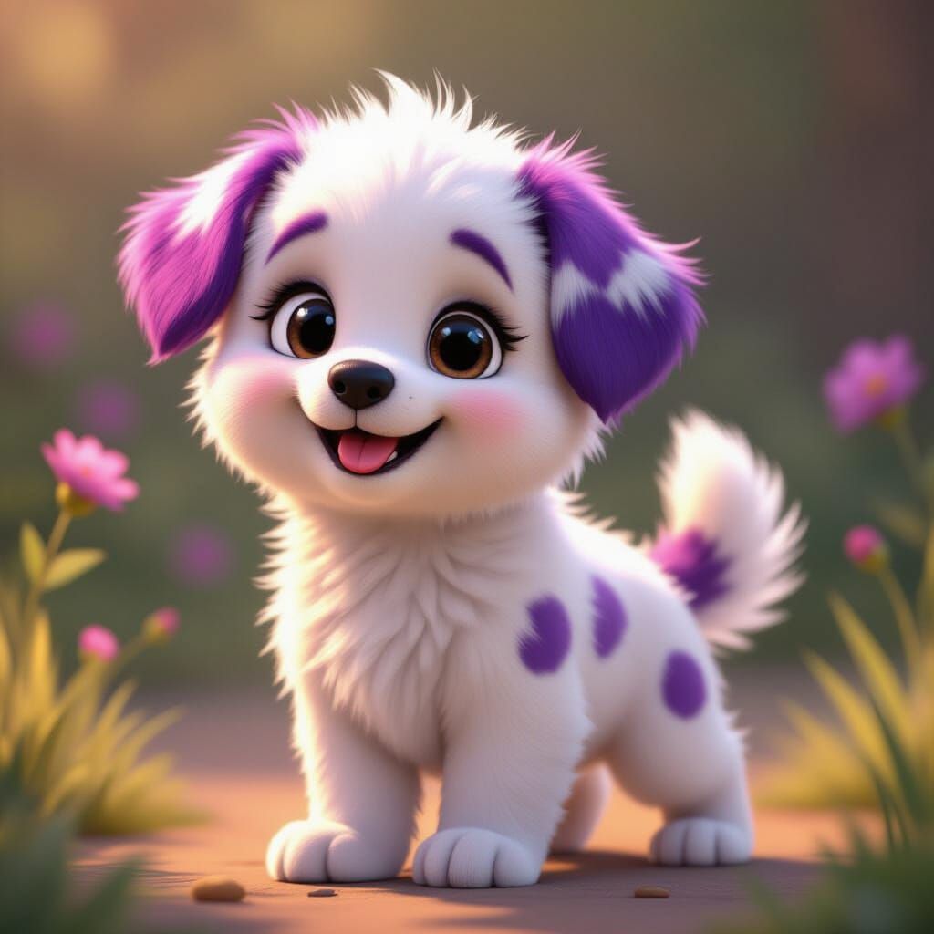 Fluffy White Puppy With Purple Spots in 3D Cartoon Style