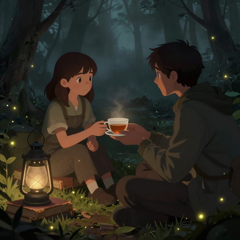 Enchanting Dark Fantasy Forest Scene with Gentle Interaction