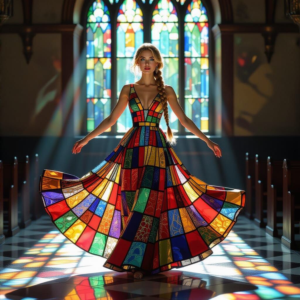 Woman in Stained Glass Dress Dances in Sunlight