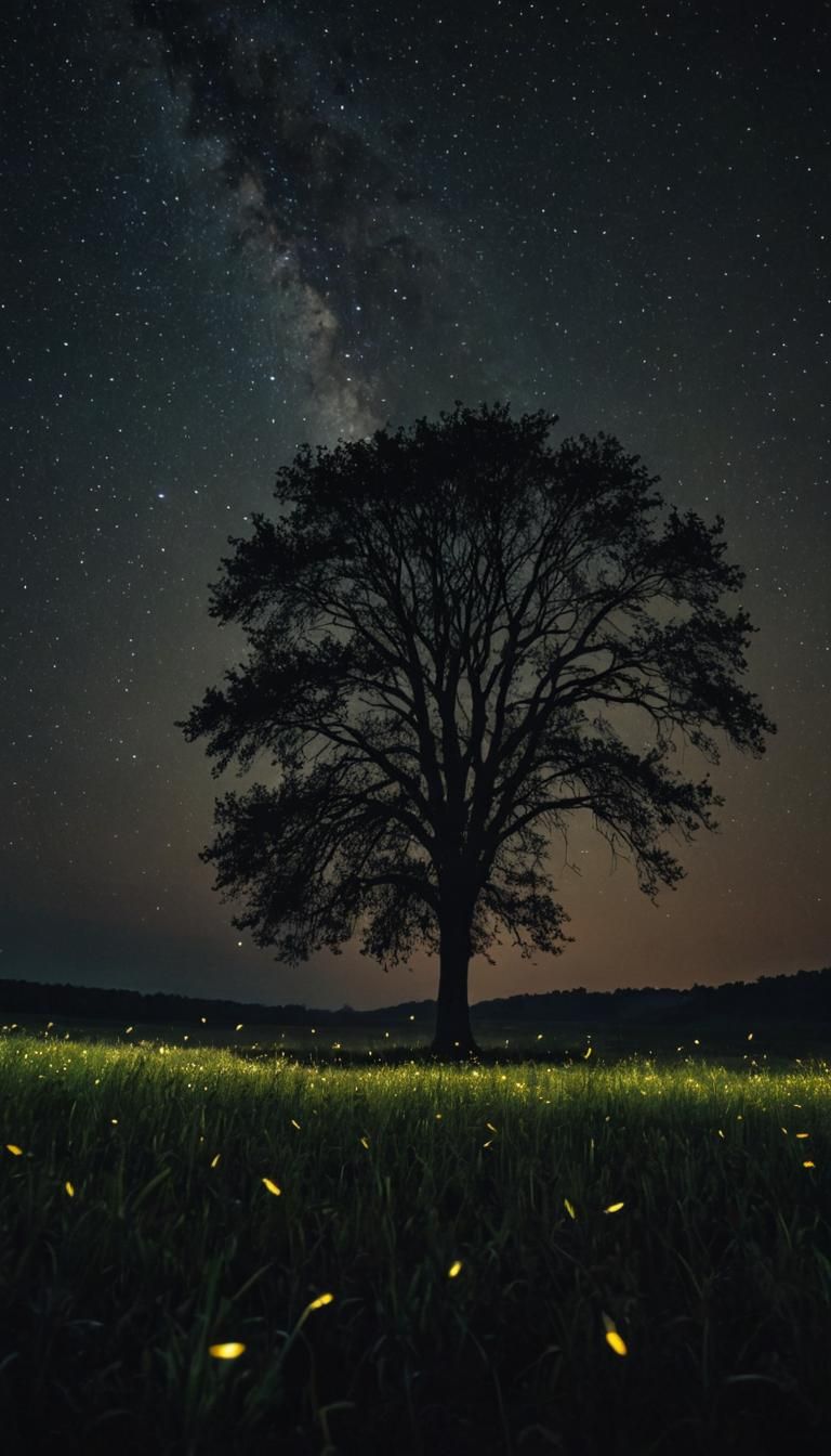 Firefly Field at Night: Cinematic Silhouette