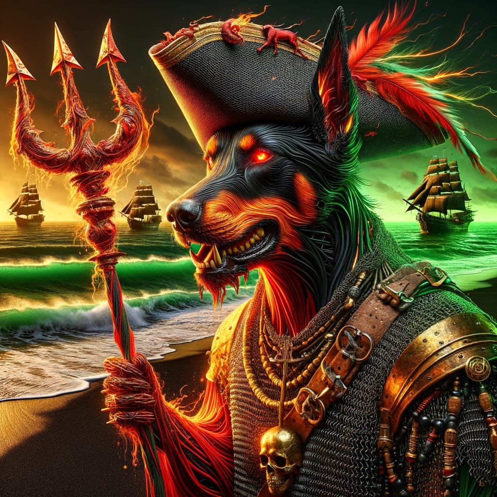 Vibrant Black Sand Beach Scene with Anthro Doberman Dog Witc...