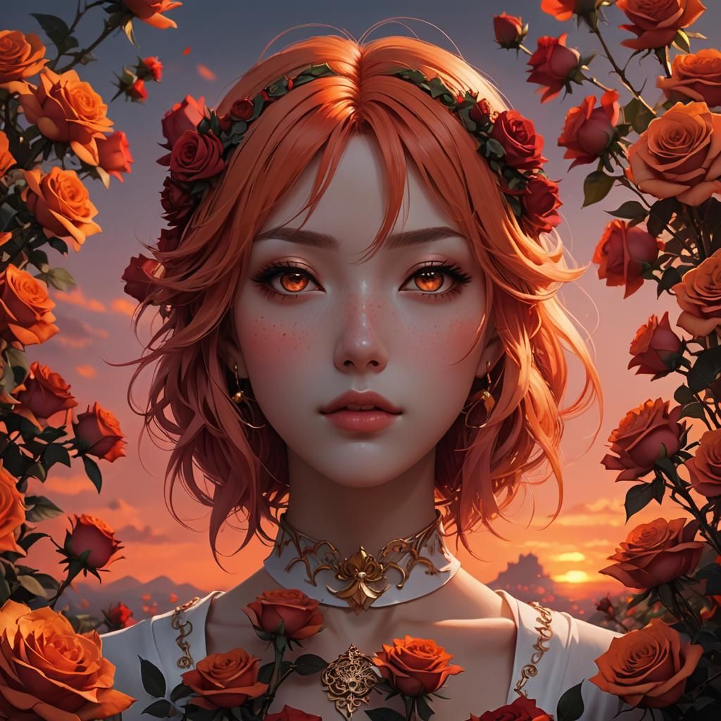 Anime Girl Portrait with Red and Orange Roses
