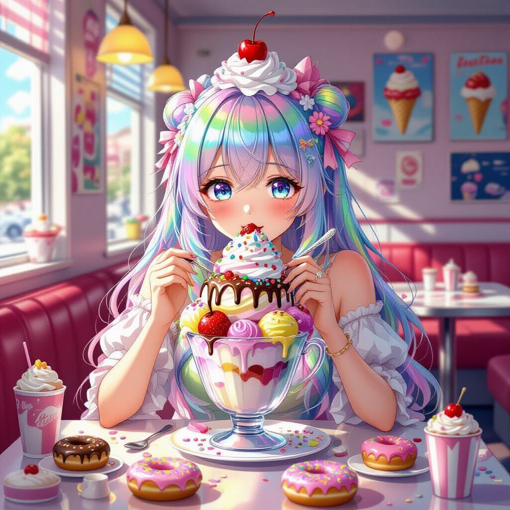 Anime Girl with Ice Cream Sundae in Pastel Diner